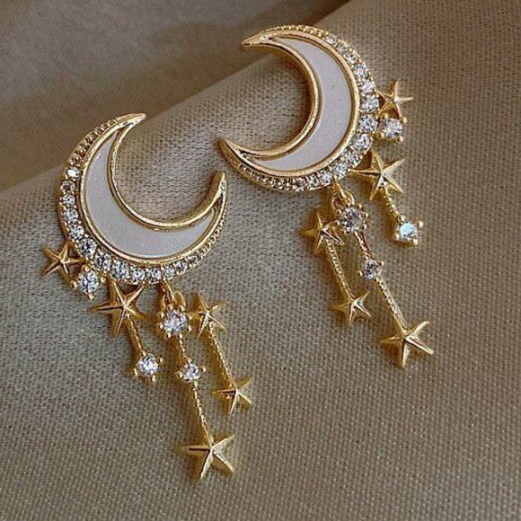Jewelry - Moon & Stars Earrings Pierced Drop White, Crystal & Gold Tone 1 1/4" NWT M359